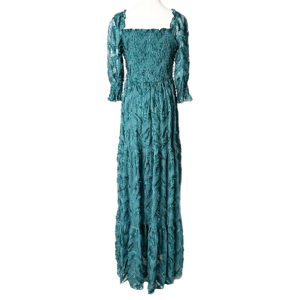NEW Baltic Born Paloma Smocked Tiered Feather Maxi Dress Emerald Green Medium - Picture 4 of 6